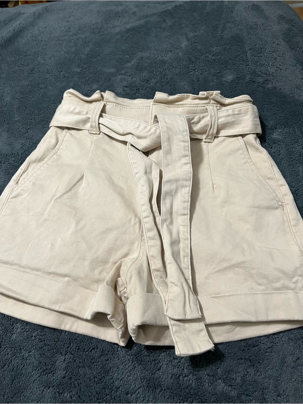 Express High-Waist Belted Shorts in Cream